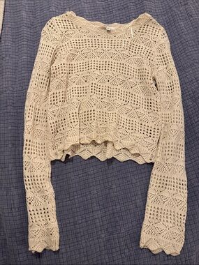 Freshman Cream Crochet Knit Long Sleeve Sweater